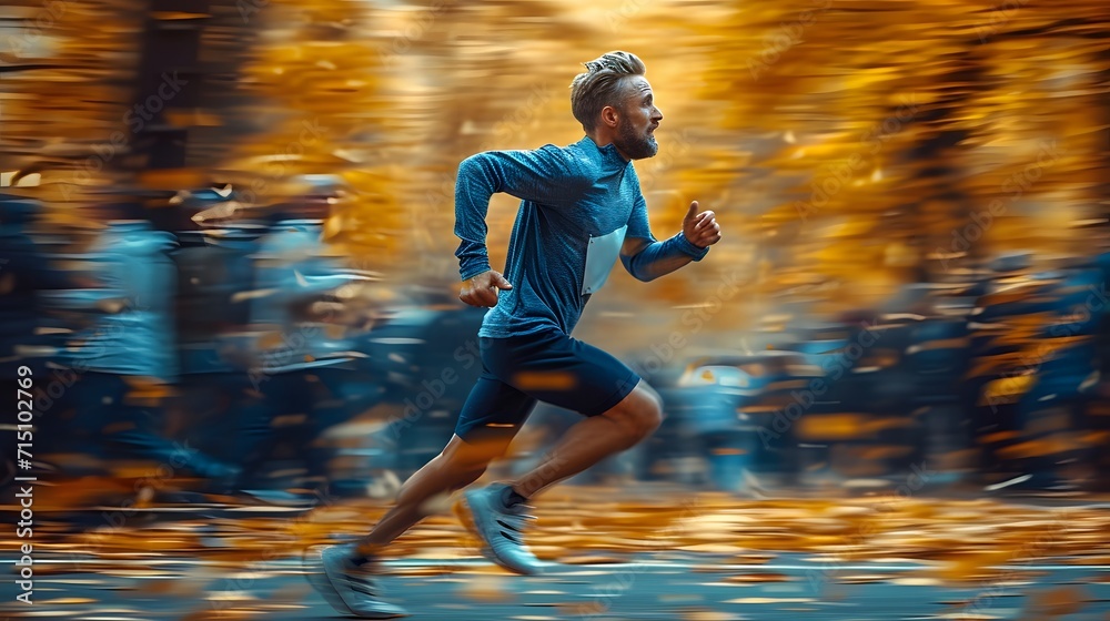 man runs through park in blue running. person in autumn park. man running in a running race. person in the forest