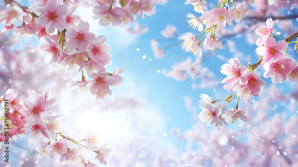 Springtime defocused background with Sakura flowers showering petals. Tender Cherry blossoms with falling petals. Spring's sakura flowers in gentle breeze