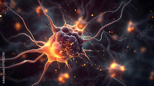 Neurological brain cell cluster, firing neurons on dark background, nervous system 