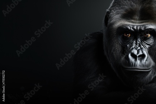  a close up of a gorilla's face with an intense look on it's face and a black background. © Nadia