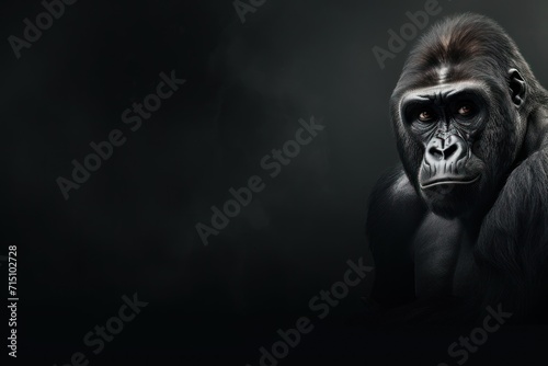  a gorilla standing in the dark with its head turned to the side and looking at the camera with a serious look on his face.