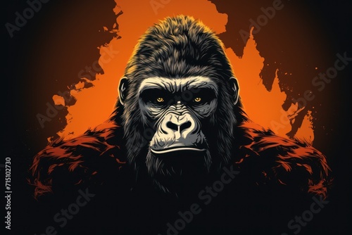  a close up of a gorilla face on an orange and black background with the sun in the sky behind it.