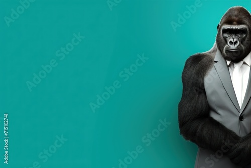  a gorilla dressed in a suit and tie with his hands in his pockets, standing against a teal background. © Nadia
