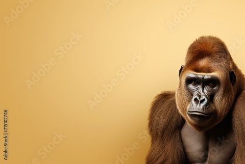  a close up of a monkey's face with a yellow background and a yellow wall in the back ground.