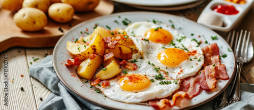 Hearty breakfast plate with sunny-side-up eggs, crispy bacon, and seasoned potatoes