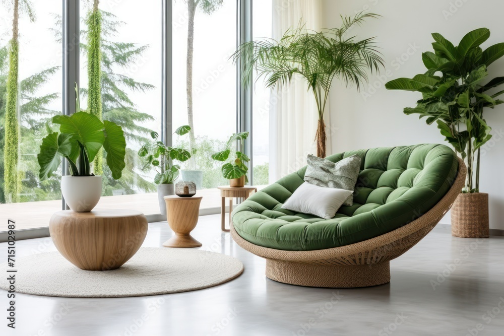  a living room with a green chair and potted plants on the side of the wall and a white rug on the floor.