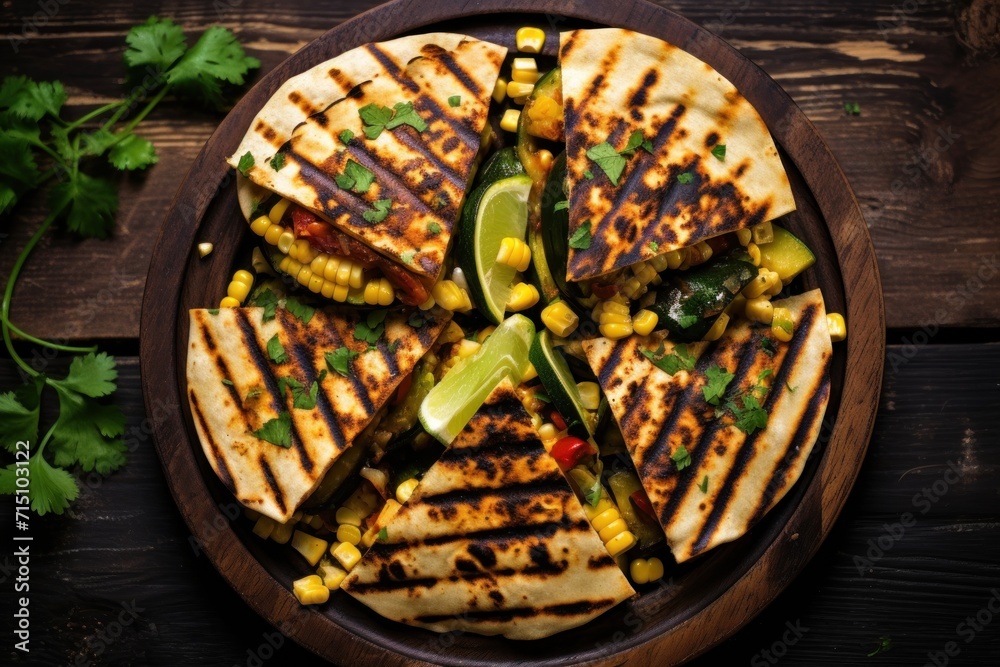  a plate of grilled corn, corn, and avocado quesadilla on a wooden plate.