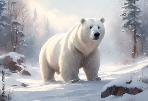 AI generated illustration of a polar bear navigating snowy forest in winter storm