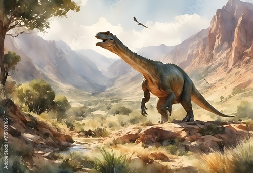 AI generated illustration of a dinosaur sprinting through desert landscape towards foliage and birds © Wirestock