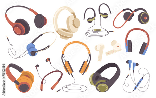 Different sound headphones, earphones, earbuds music accessories with wire and wireless set