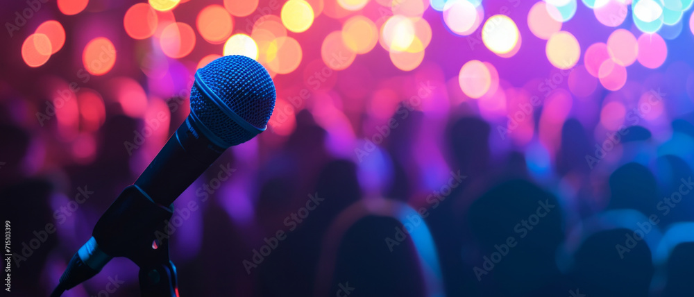 Obraz premium Microphone awaits the next performer against a backdrop of a vibrant concert crowd