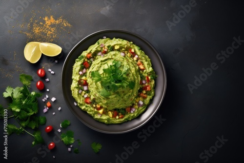  a plate of guacamole with garnishes and garnishes on a black surface.