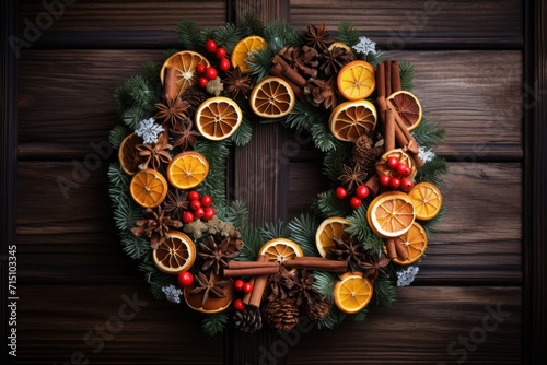  a wreath made of oranges, cinnamons, pine cones, cinnamon sticks, cinnamons, and spices.