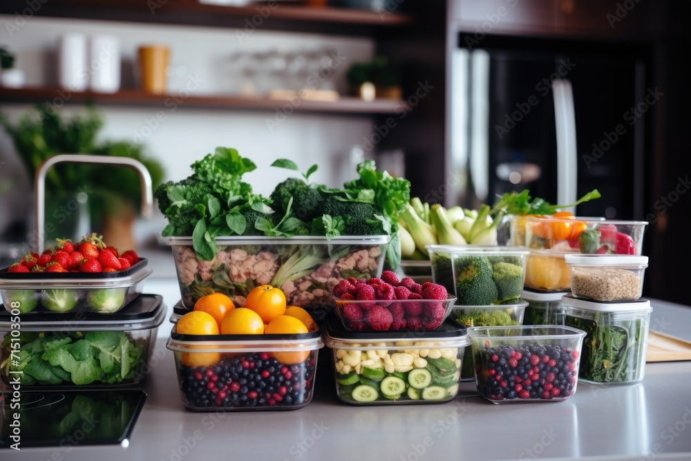  a variety of fruits and vegetables are arranged on a kitchen counter with a variety of salads and salad dressings.