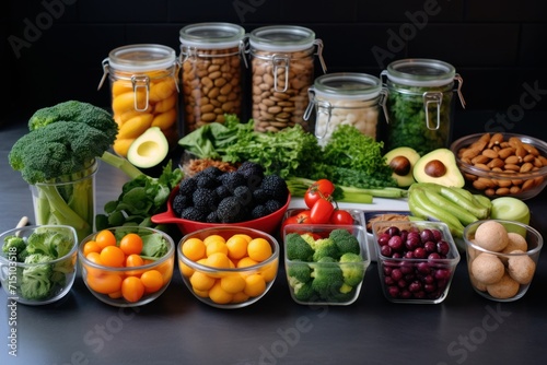 a table topped with lots of different types of fruits and vegetables next to jars of nuts and other fruits and vegetables.
