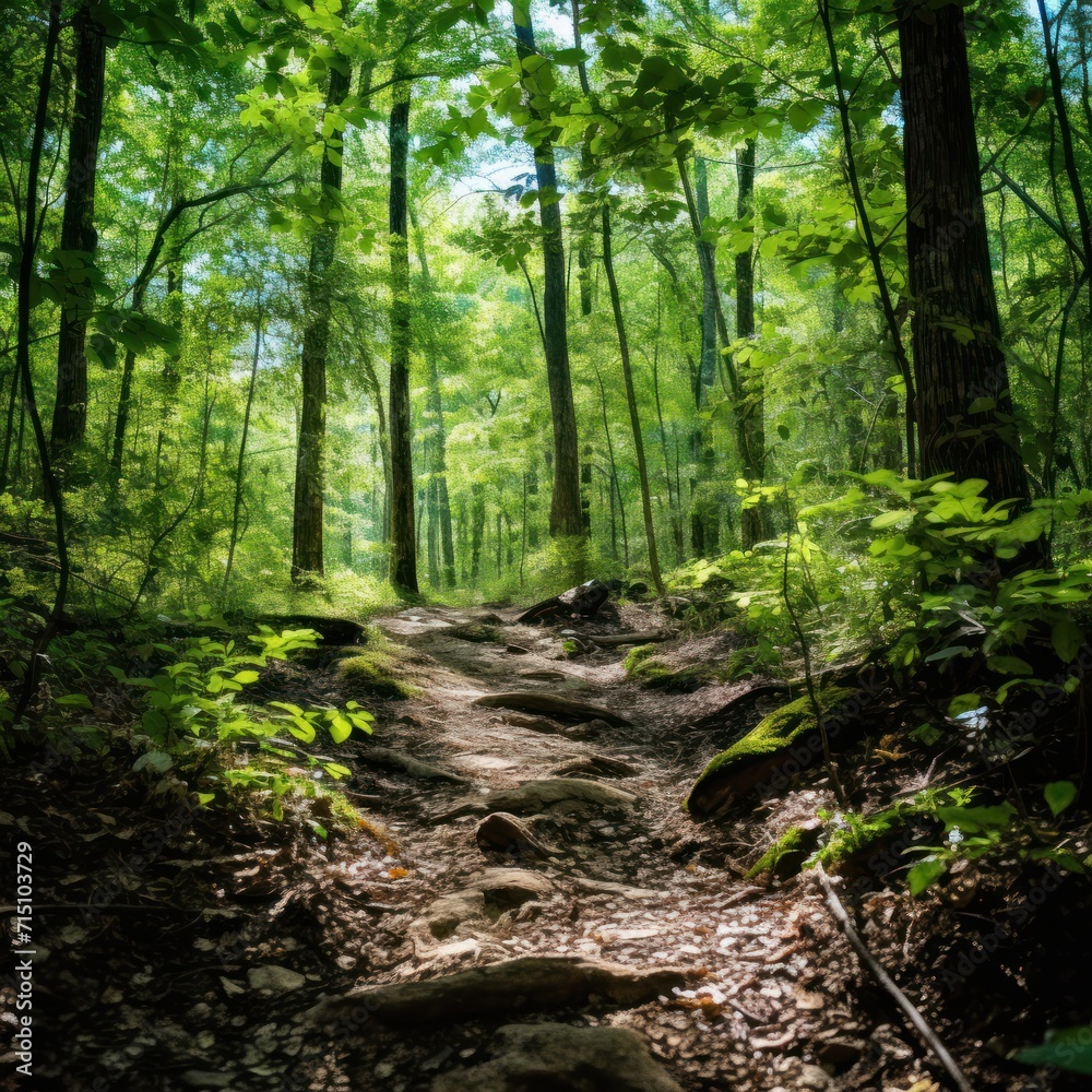 a dirt path in the middle of a forest with lots of trees and rocks on both sides of the path. a dirt path in the middle of a forest with lots of trees and rocks on both sides of the path.