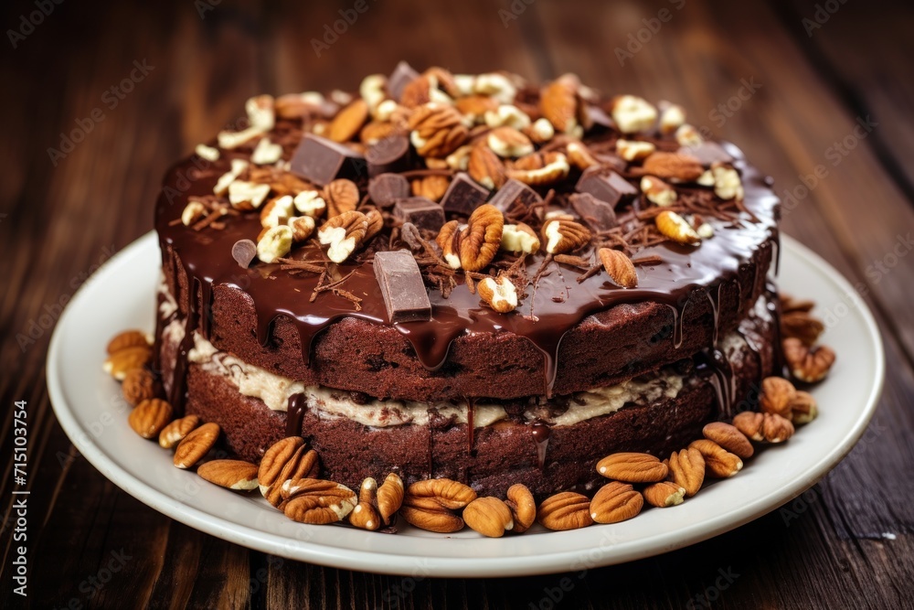  a chocolate cake with nuts and chocolate frosting on a white plate on a wooden table with a wooden surface.