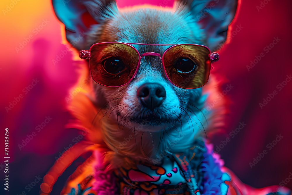 A stylish chihuahua struts down the street, exuding confidence and attitude with its fashionable sunglasses