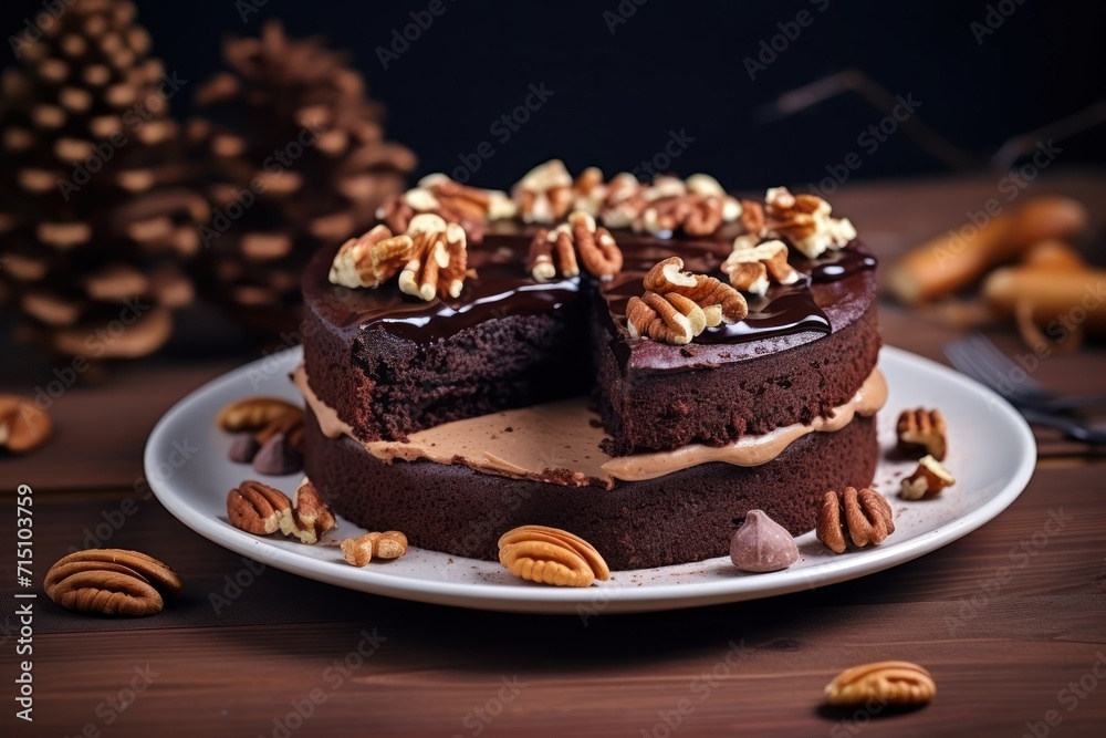 a close up of a cake on a plate with pecans on the side of the plate and a pine cone in the background. a close up of a cake on a plate with pecans on the side of the plate and a pine cone in the background.