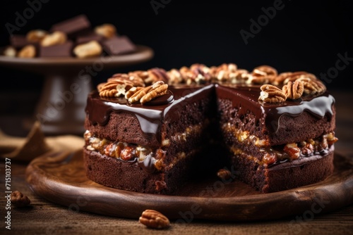  a close up of a cake on a plate with a slice cut out of it and nuts on the side.