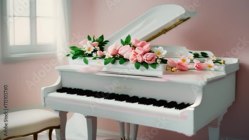 White grand piano with delicate roses, romantic gift for Valentine's Day photo