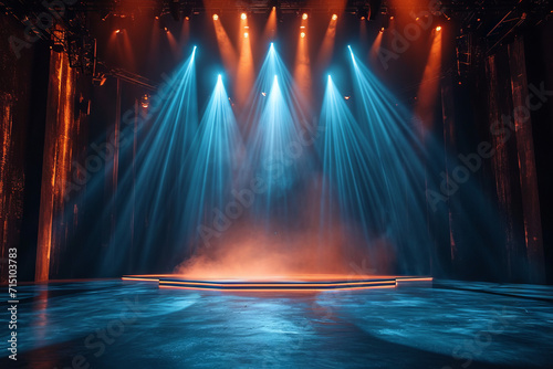 Vibrant Stage with Colorful Spotlight Beams and Haze, Copy Space