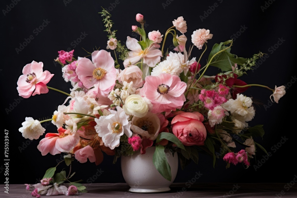 a white vase filled with lots of pink and white flowers on top of a wooden table next to a black wall. a white vase filled with lots of pink and white flowers on top of a wooden table next to a black wall.