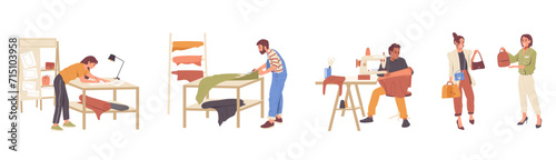 Female seamstress and male designer engaged in sewing of fashion bags for woman isolated set
