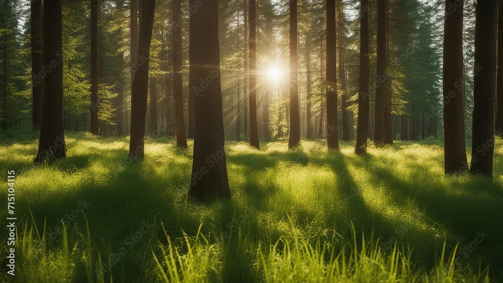 Fototapeta premium morning in the woods a summer sunny forest with green grass and trees shining in the sunlight summer, sunny, 