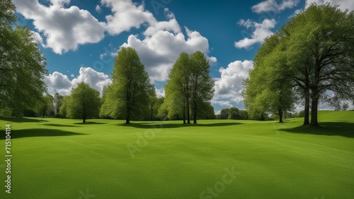 golf course in the morning a spring park with green grass and trees under a blue sky with clouds The photo shows a wide view 