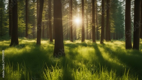 morning in the woods a summer sunny forest with green grass and trees shining in the sunlight summer, sunny, 