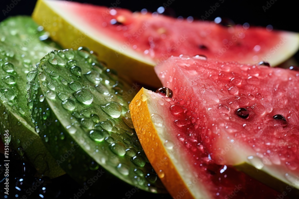 slices of watermelon, oranges, and kiwi on a black surface with drops of water on them. slices of watermelon, oranges, and kiwi on a black surface with drops of water on them.