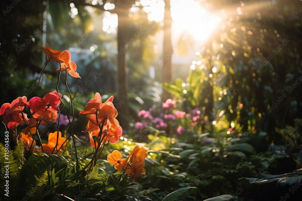  the sun shines brightly through the trees and flowers in the foreground of a garden filled with colorful flowers.