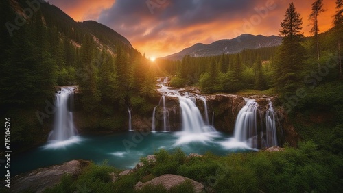 waterfall in the mountains waterfalls nature landscape in mountains sunset  motion blur effect with green trees and orange