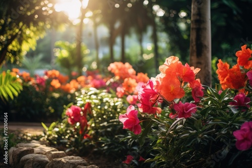  a garden filled with lots of flowers next to a lush green forest filled with lots of pink and orange flowers.