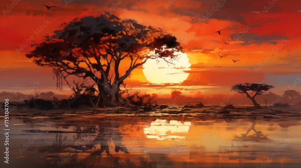 a painting of a sunset over a body of water with a tree in the foreground and birds flying in the background. a painting of a sunset over a body of water with a tree in the foreground and birds flying in the background.