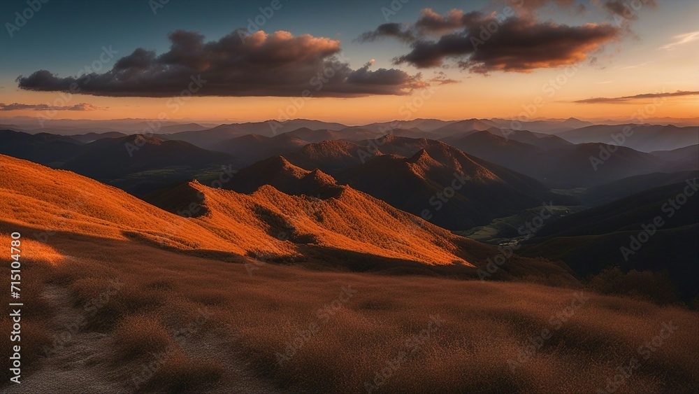 sunset in the mountains  a beautiful landscape of sunset mountains. The image has a warm and peaceful atmosphere,  