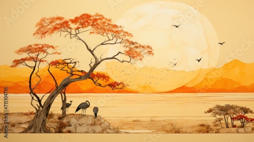 a painting of birds sitting on a tree in front of a body of water with a sunset in the background.