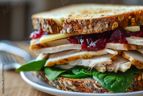 Delicious turkey sandwich with brie, spinach, and cranberry sauce