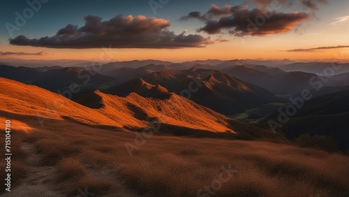sunset in the mountains a beautiful landscape of sunset mountains. The image has a warm and peaceful atmosphere, 