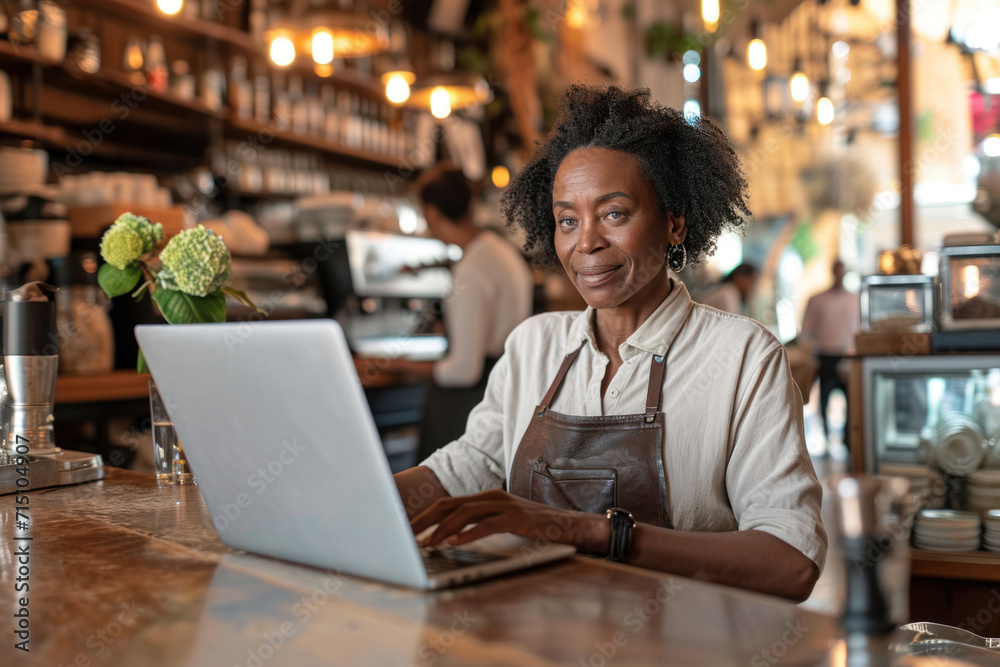 Fototapeta premium Middle aged black woman owner of small business coffee shop. Mature female using laptop to make order for her cafe