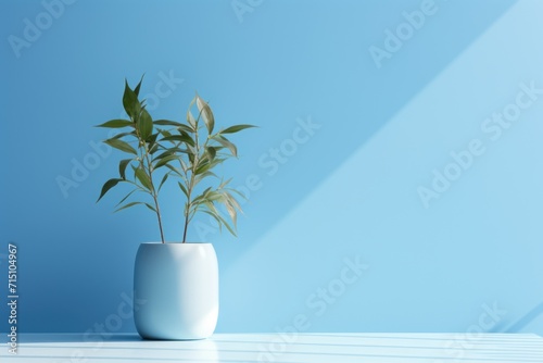  a white vase with a plant in it on a white table against a blue wall with a shadow on the floor. © Nadia