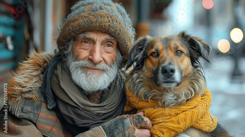 homeless man with his dog in winter