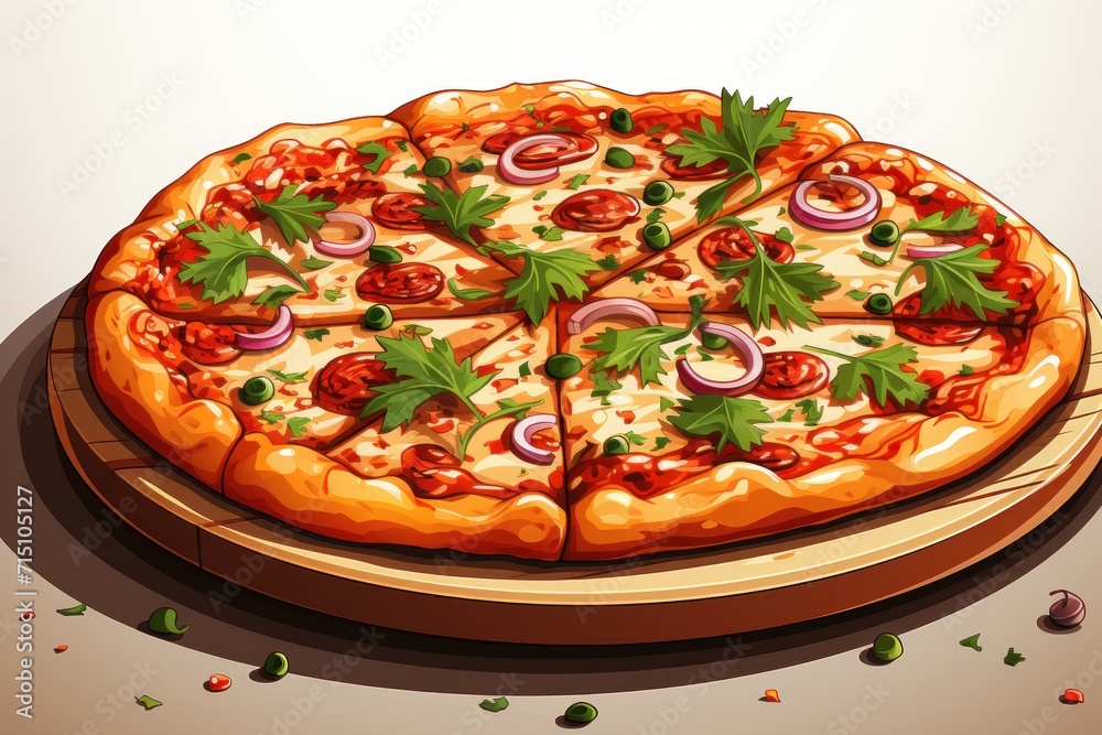 a pizza sitting on top of a wooden platter covered in cheese and toppings and garnished with green leaves. a pizza sitting on top of a wooden platter covered in cheese and toppings and garnished with green leaves.