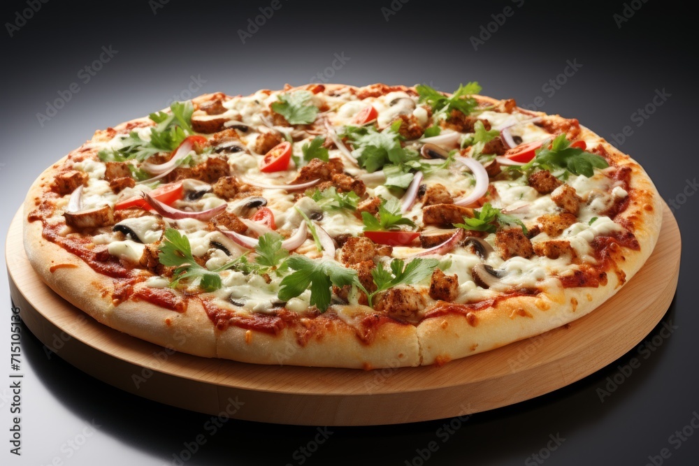  a pizza sitting on top of a cutting board on top of a wooden board with toppings on top of it.