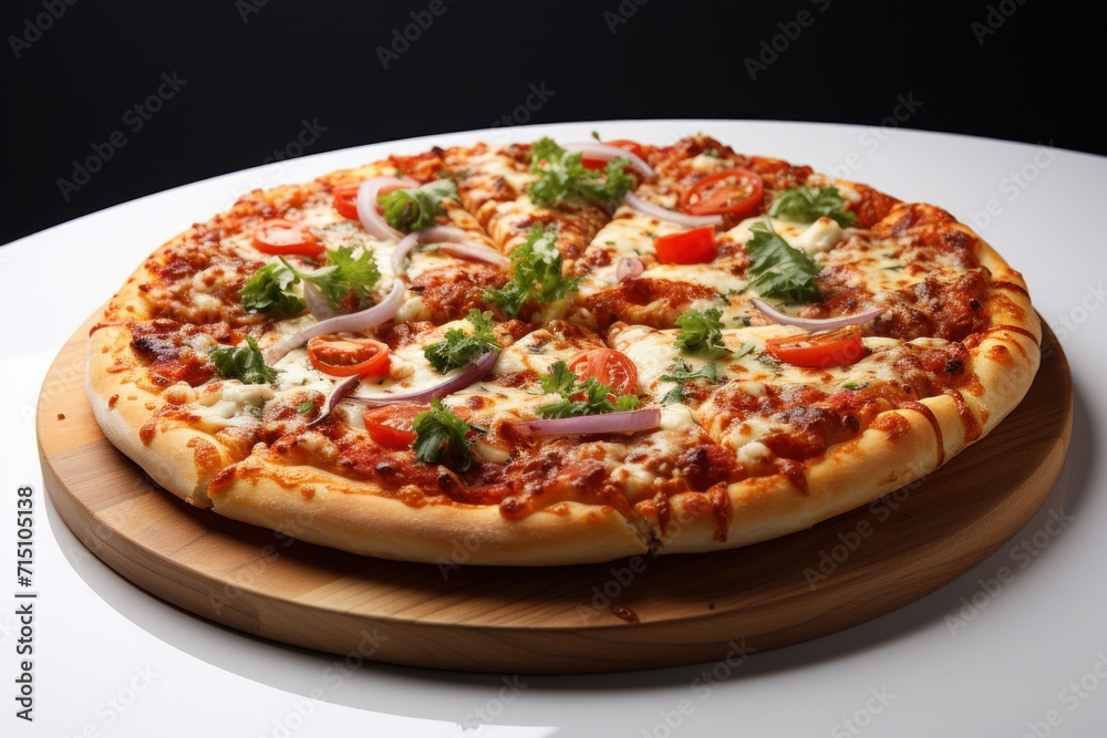 a pizza sitting on top of a wooden plate on top of a white table next to a slice of pizza.