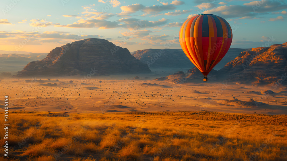 hot air balloon over region country at sunset