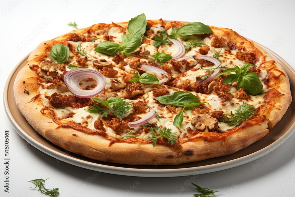  a pizza sitting on top of a white plate covered in cheese and veggie toppings on top of a white table.