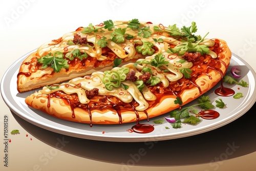  two slices of pizza with sauce and toppings on a white plate with red sauce and green garnishes.