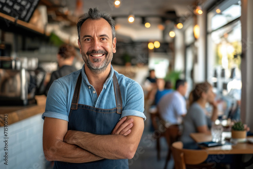 Portrait of a happy middle aged man standing in his cafe. Cheerful Italian waiter wearing casual apron serves clients in restaurant